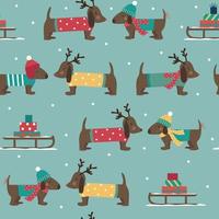 Christmas seamless pattern with dachshunds sledge and snow vector