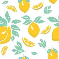 Seamless summer pattern with lemons and leaves on white background vector