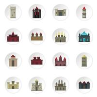 Towers and castles icons set in flat style vector