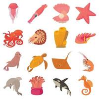 Conjunto de iconos de fauna de animales oceánicos, estilo de dibujos animados vector