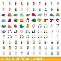 100 universal icons set, cartoon style vector