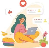 Colorful cute girl work from home illustration