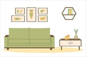 Cozy scandinavian interior. Living room. Couch and pedestal table. Hygge home. Flat vector illustration.