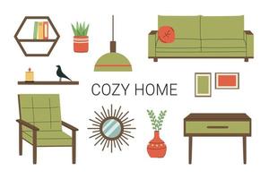 Scandinavian interior set. Cozy furniture. Living room furniture. Hygge style interior. Flat vector illustration.