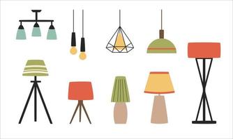 Set of lamp in modern style. Scandinavian ceiling lamp, table lamp, floor lamp. Flat vector Lighting elements.