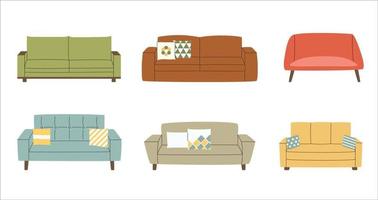 Scandinavian sofa set. Collection  of couch with pillows. Vector flat illustration. Modern soft furniture collection.