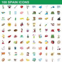 100 spain icons set, cartoon style vector