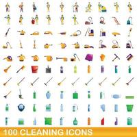 100 iconos de limpieza, estilo de dibujos animados vector