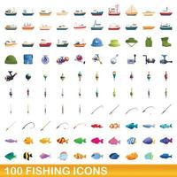 100 fishing icons set, cartoon style vector