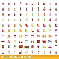 100 drink icons set, cartoon style vector