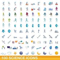 100 ciencia, conjunto de iconos de estilo de dibujos animados vector