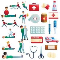 First medical aid icons set, cartoon style vector