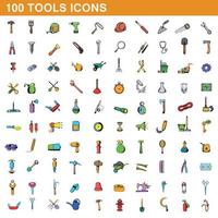 100 herramientas, conjunto de iconos de estilo de dibujos animados vector
