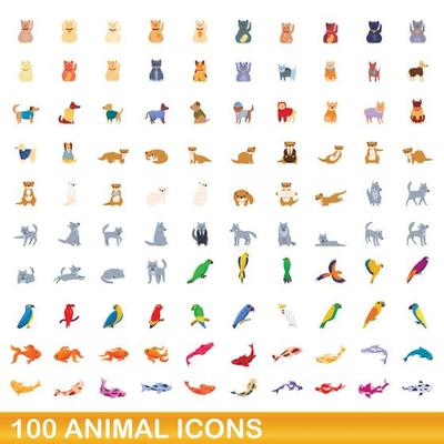 100 animal icons set, cartoon style