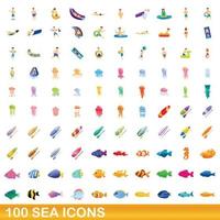 100 mar, conjunto de iconos de estilo de dibujos animados vector