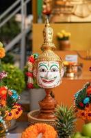 The Sacrifice objects set for the Thai filming project. They prepare in front of the spiritual landlord statue and asking for the successful project. photo