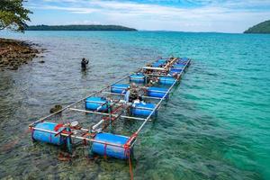 Workers settle and setup the waterworks fountain machine on the surface of the sea. photo
