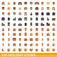 100 iconos de vacaciones, estilo de dibujos animados vector