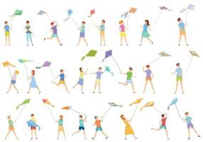 niños jugando con kite, conjunto de iconos de estilo de dibujos animados vector