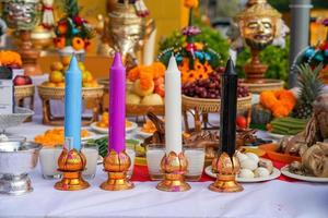 The Sacrifice objects set for the Thai filming project. They prepare in front of the spiritual landlord statue and asking for the successful project. photo