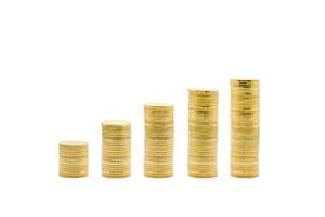 The minimal Gold coins towers graph pattern that shows the growth of investment and saving money from left to right are isolated on white background. Clipping Paths. photo