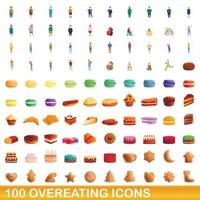 100 overeating icons set, cartoon style vector