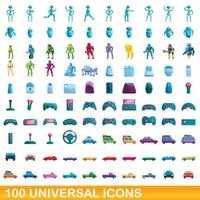 100 universal icons set, cartoon style vector