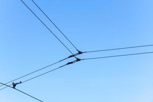 Overhead electric tram lines against a blue sky photo