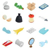 Waste and garbage icons set, isometric 3d style vector