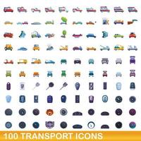 100 iconos de transporte, estilo de dibujos animados vector