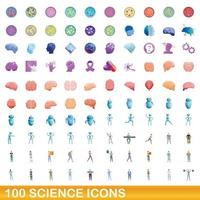 100 ciencia, conjunto de iconos de estilo de dibujos animados vector