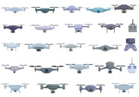 Aerial videography icons set cartoon vector. Drone camera