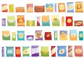 Snack pack icons set cartoon vector. Candy bag vector
