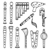 Flute set of vector icons. Collection of wooden, metal, bamboo, plastic musical instruments. Block flute, alto, pipe pan, ocarina, duduk, fife, double. Outline for web, apps, logo. Isolated on white