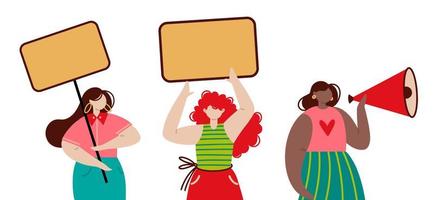 Group of protesting women, flat vector illustration. Feminist girls hold a banner, speak into a megaphone. Demonstration against domestic violence, sexism. Women march for rights