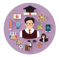 Big violet flat education icons set with long shadow effect vector