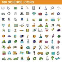 100 ciencia, conjunto de iconos de estilo de dibujos animados vector