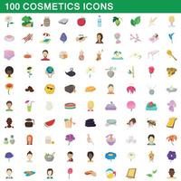 100 cosméticos, conjunto de iconos de estilo de dibujos animados vector