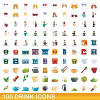 100 drink icons set, cartoon style vector