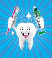 Cartoon Smiling tooth with toothbrush and toothpaste vector