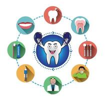 Cartoon Smiling tooth and modern flat dental icons set with long shadow effect vector