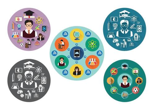 Five group of flat education icons set with long shadow effect vector