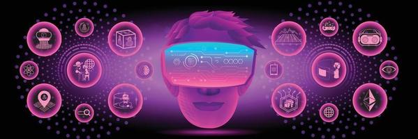 banner del concepto de tecnología de metaverso. una cabeza usa gafas de realidad virtual vr e íconos de metaverso vector