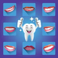 Cartoon Smiling tooth with Set of smiles vector