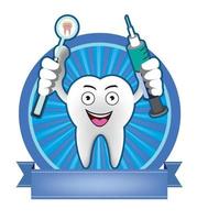 Cartoon Smiling tooth with mouth mirror and syringe banner vector