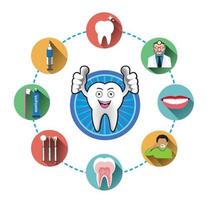 Cartoon Smiling tooth and modern flat dental icons set with long shadow effect vector