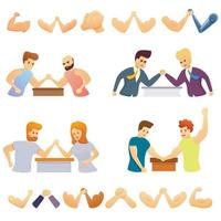 Arm wrestling icons set, cartoon style vector