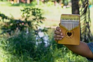 tocar a mano kalimba o mbira es un instrumento musical africano hecho de tablero de madera con metalinstrument en el jardín foto