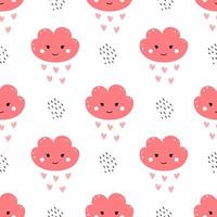 Pink cloud with smile. Seamless pattern for sewing clothes. Printing on fabric and wrapping paper. Wallpaper in nursery. Fabric for girl. vector