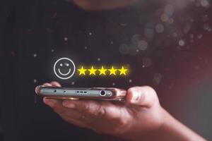 Customer experience of shopping on a smartphone, product satisfaction rating concept is good. photo